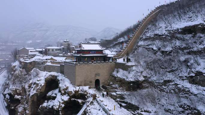 航拍山西阳泉娘子关长城雪景