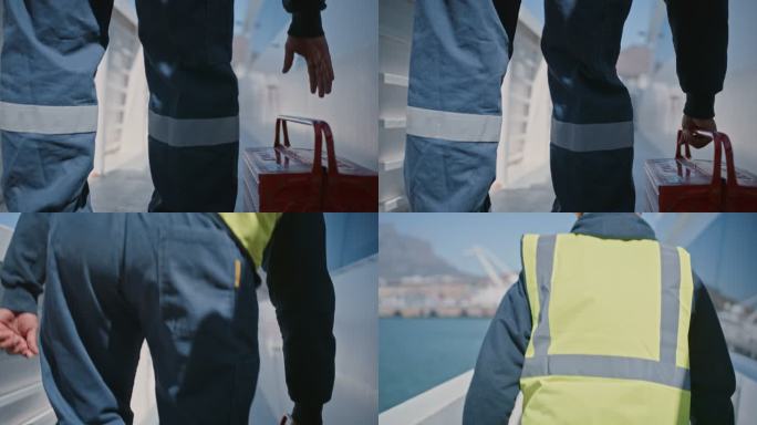 一名修理工戴着安全帽，穿着个人防护装备工作服，拿着红色工具箱在货船上行走的后视图。作为机械师在海洋上