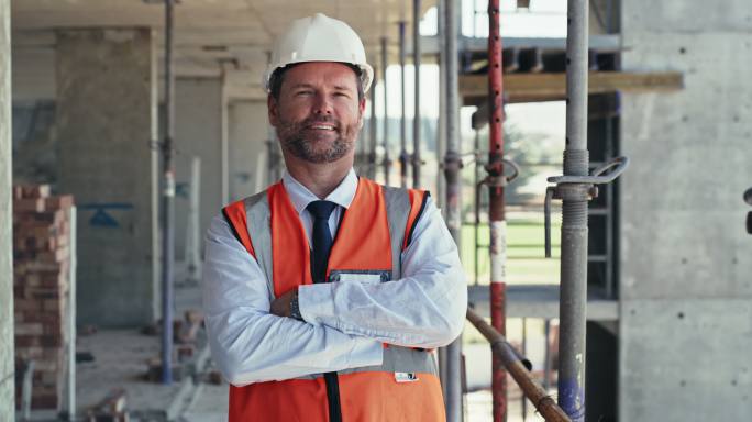 一名建筑承包商交叉双臂站在建筑工地上的4k视频片段