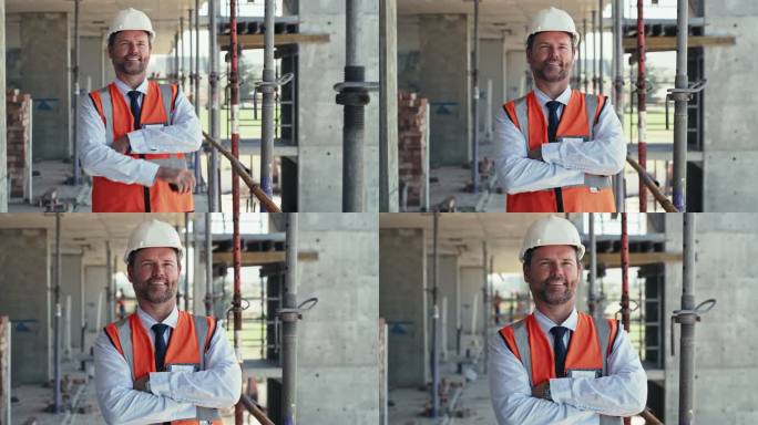 一名建筑承包商交叉双臂站在建筑工地上的4k视频片段