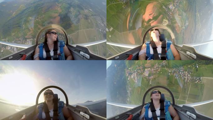 提速：滑翔机环行，年轻的女乘客在阳光明媚的天空中玩得很开心