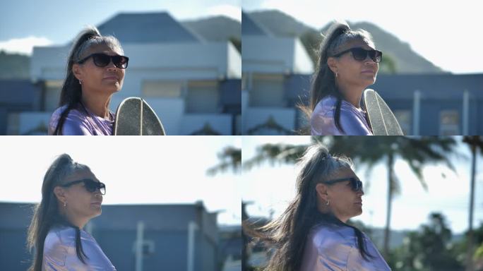 一张拉丁美洲高级运动女性的肖像，她戴着墨镜，头发花白，53岁，手持冰鞋，站在阳光明媚的日子里。态度老