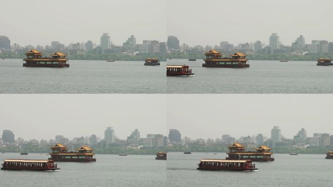 中国杭州西湖（西湖）的中国传统帆船。