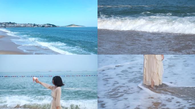 美女站在海边看风景看海背影沙滩欢快奔跑走