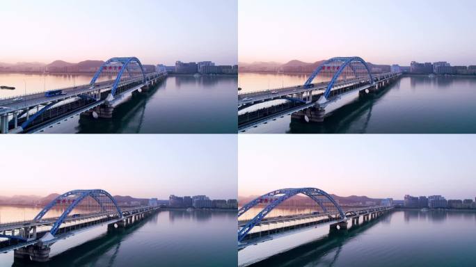 钱江四桥鸟瞰图杭州复兴大桥车流蓝色拱形