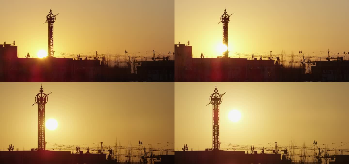 太阳升起，阳光窗外的早晨，城市工地日出