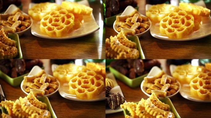 用饼干、茶和装饰灯笼庆祝斋月