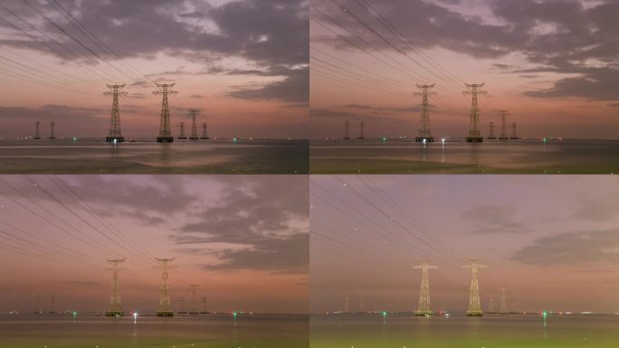 4K深圳西湾公园的海上电线塔