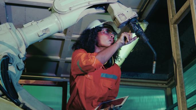 女工程师在工业机械装配、工人和技术概念装配后检查机器的准备情况。
