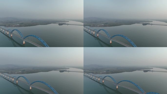 航拍襄阳汉十高铁汉江崔家营铁路桥傍晚风光