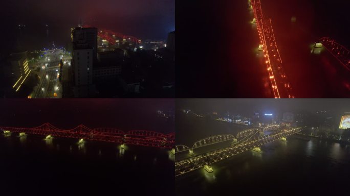 航拍丹东鸭绿江断桥夜景雾