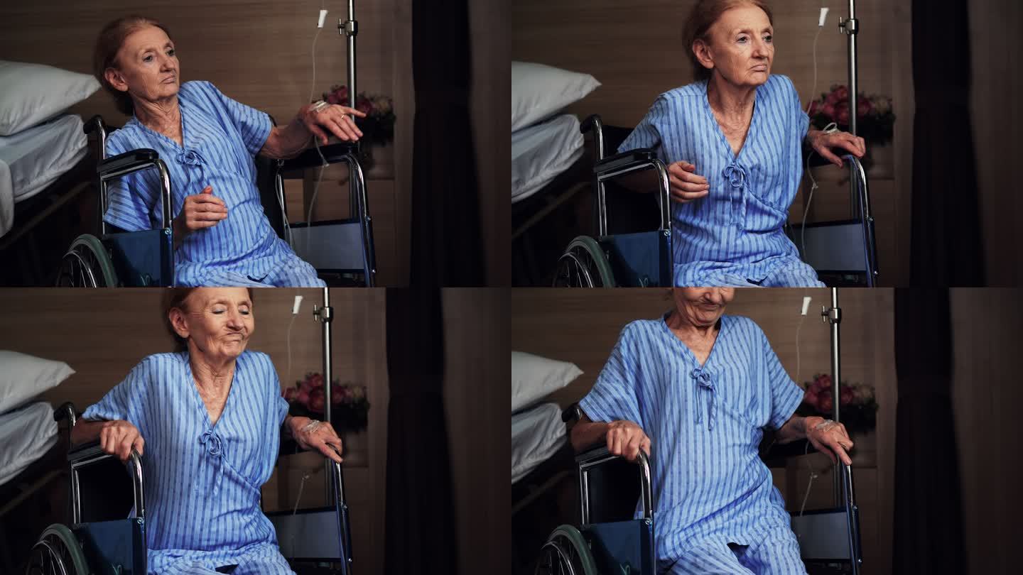 在医院里，一位年长的病人试图从轮椅上站起来。