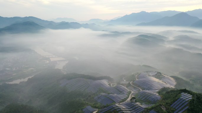雾中壮丽的太阳能发电厂鸟瞰图
