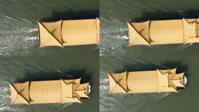 中国杭州西湖（西湖）传统中国帆船的无人机视图。