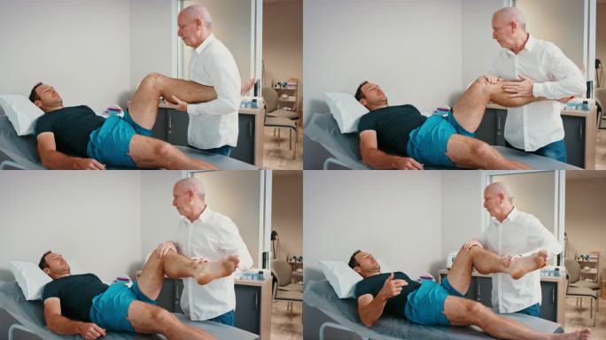 脊医在运动诊所或康复中心检查患者的腿部损伤。健壮、运动、健壮的男子患有膝关节僵硬、髋屈肌疼痛。理疗师