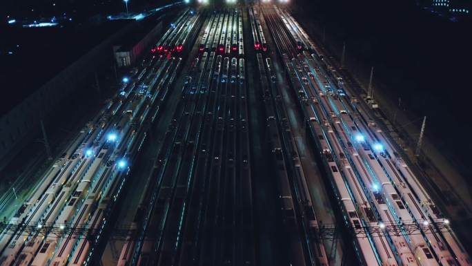 4K航拍高铁停车场夜景