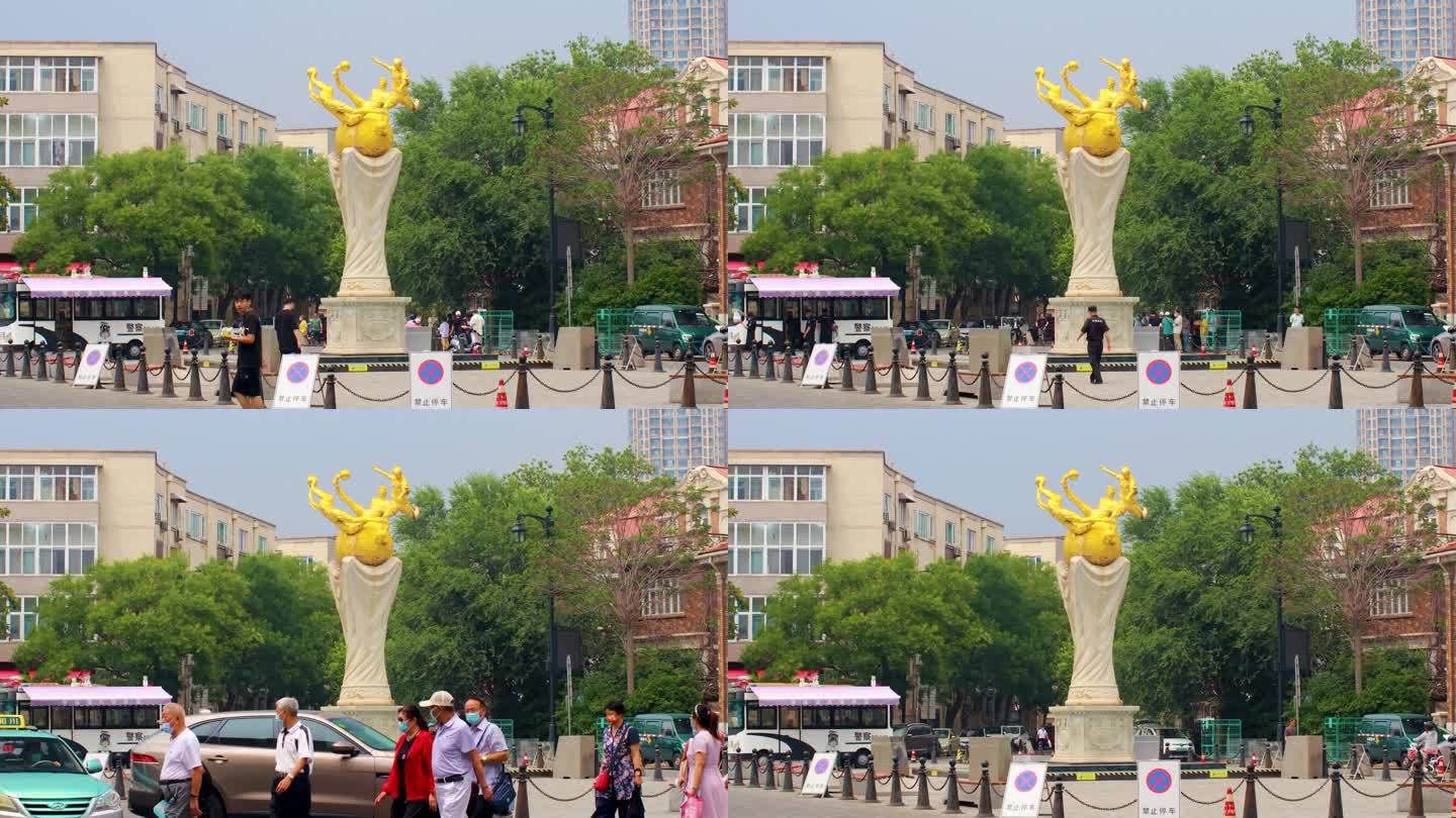 天津地标民园广场足球纪念碑室外人流延时