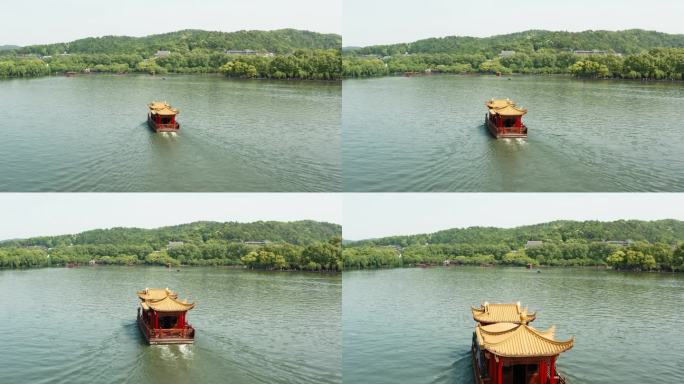 中国杭州西湖（西湖）传统中国帆船的无人机视图。