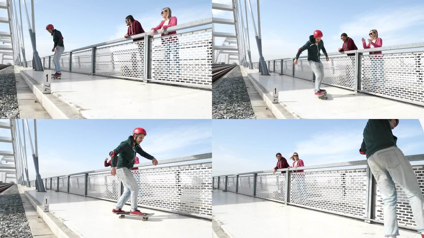 滑板运动员在阳光明媚的日子在街上表演技巧和跳跃-正常速度4k视频