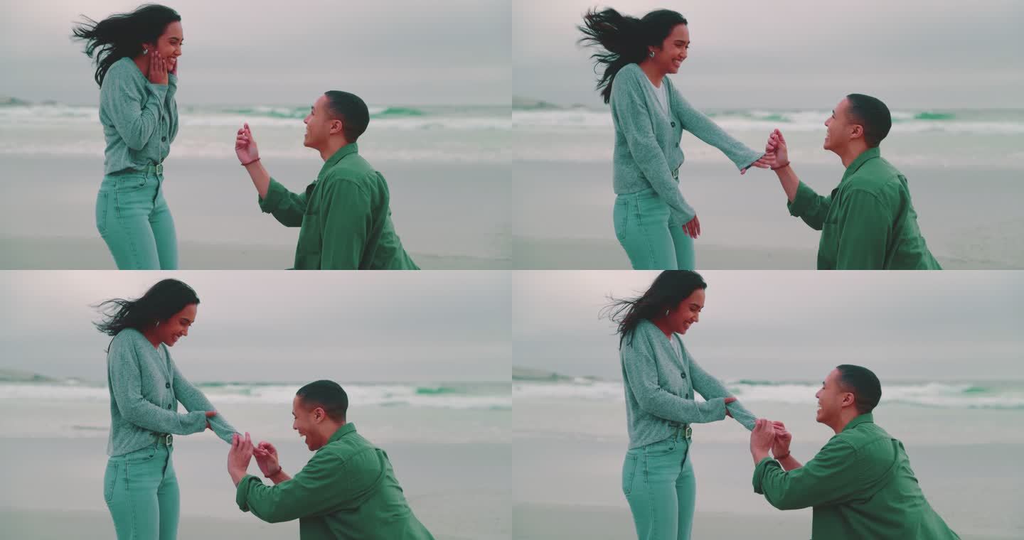 年轻人在海滩向女友求婚