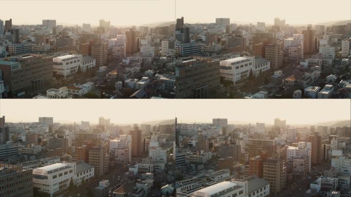 日落时的日本城市鸟瞰图