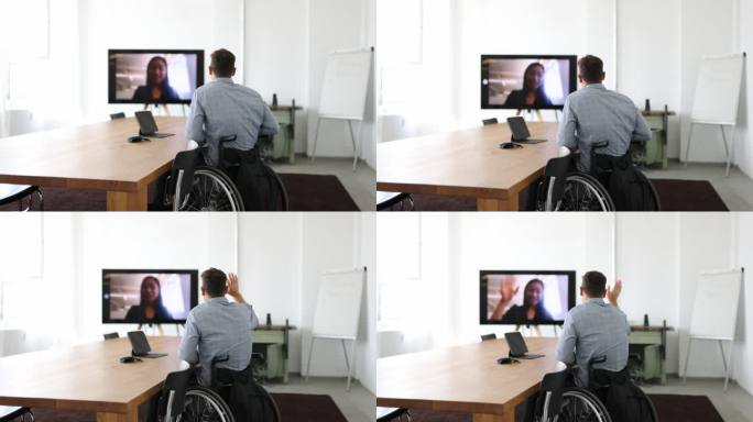 残疾商人在董事会会议室进行视频通话