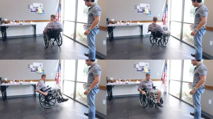 坐轮椅的中年老兵向朋友展示特技