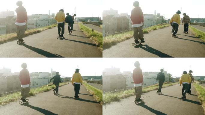 日本滑板运动员在夕阳下滑冰（慢动作）