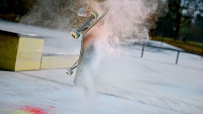 SLO MO滑板被翻转，五颜六色的灰尘散落在空中