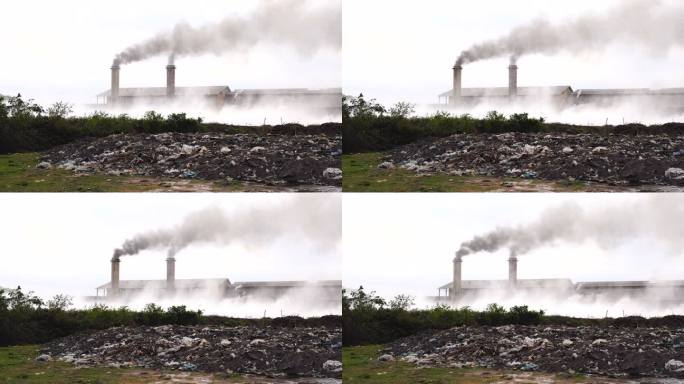 夜间乡村烟台工厂的4K视频场景、工业和污染概念