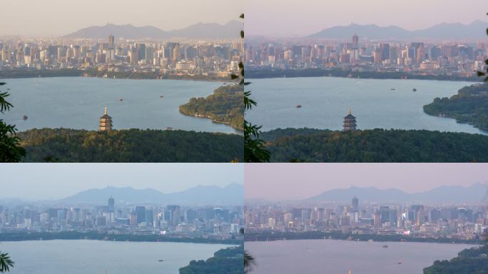 杭州西湖玉皇山雷峰塔全景延时日转夜