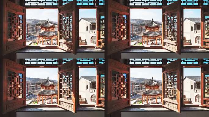 中式窗户 窗户外建筑光影延时空镜