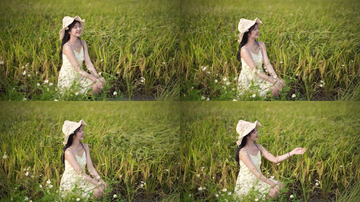 女孩在秋天的稻田里
