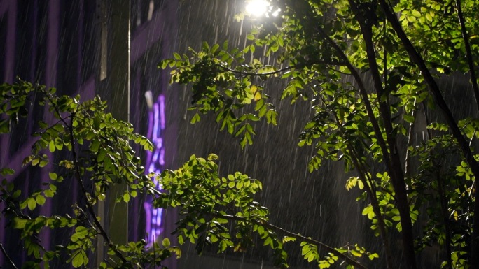 深夜下雨 城市雨夜路灯