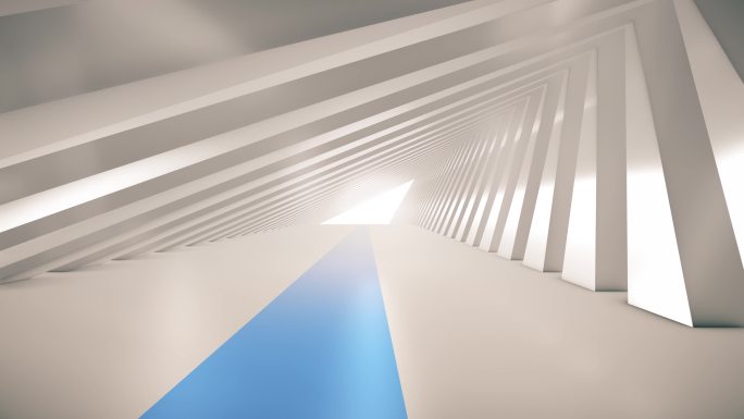 飞过未来主义的白色隧道。慢动作中的抽象3D动画。照明走廊、室内设计、宇宙飞船、科学、技术、科学、建筑