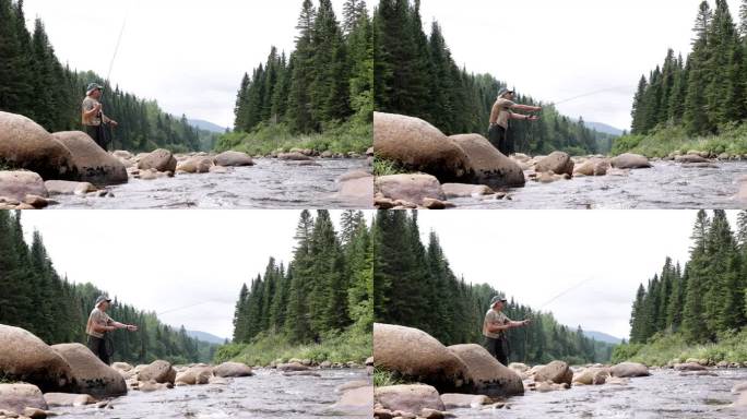 魁北克河中的老人飞钓鱼