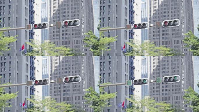 4K正版-商务中心交通信号灯-红灯转绿灯