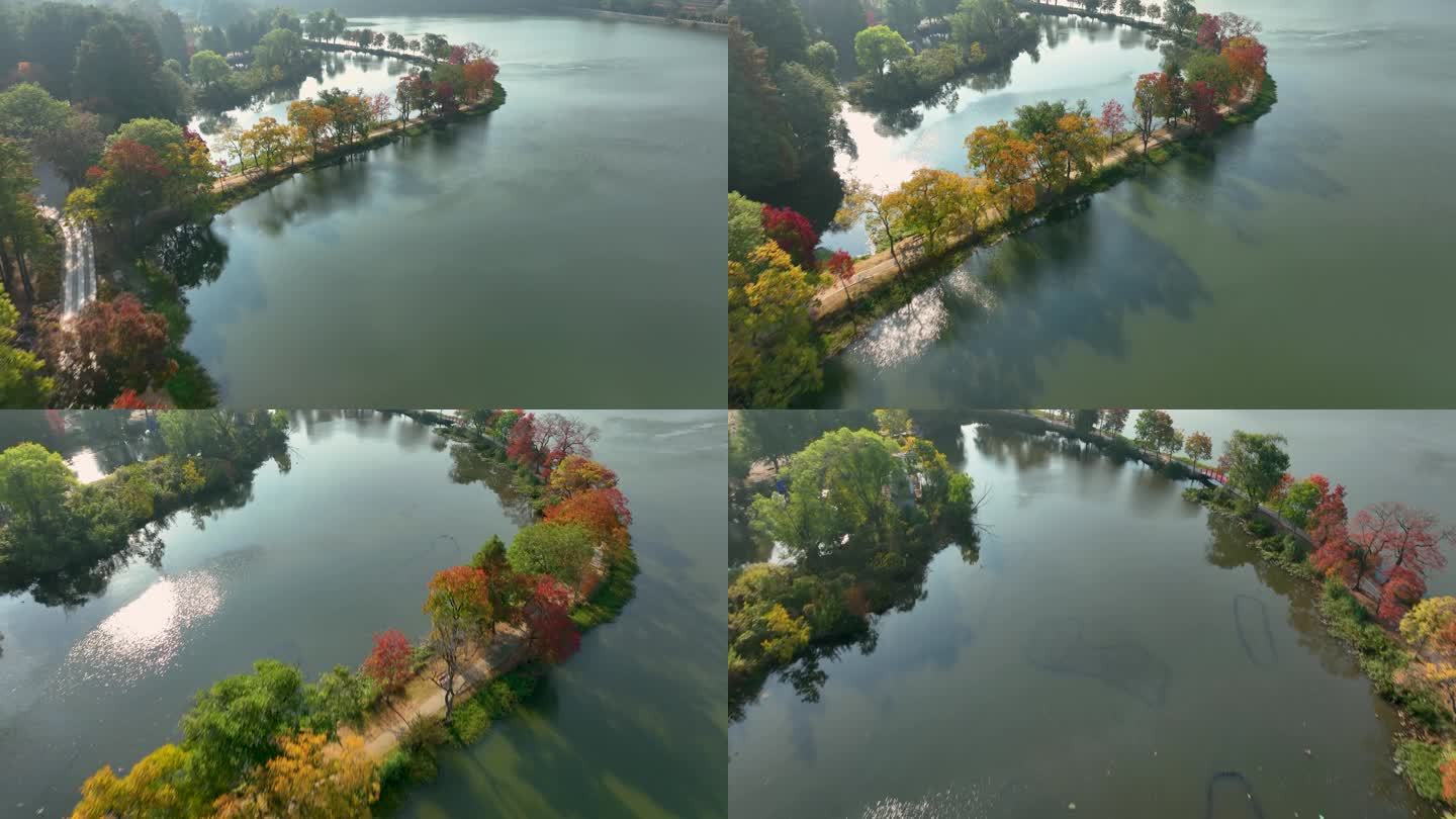航拍南京中山陵前湖公园秋季景色