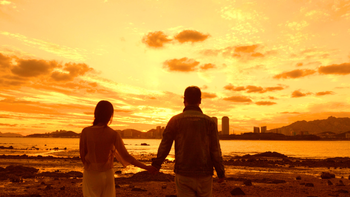 情侣携手一起海边看夕阳