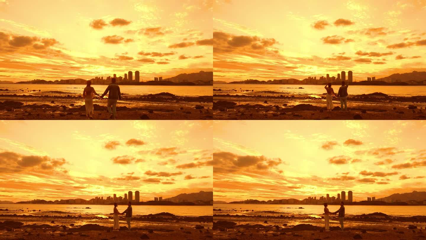 情侣携手一起海边看夕阳