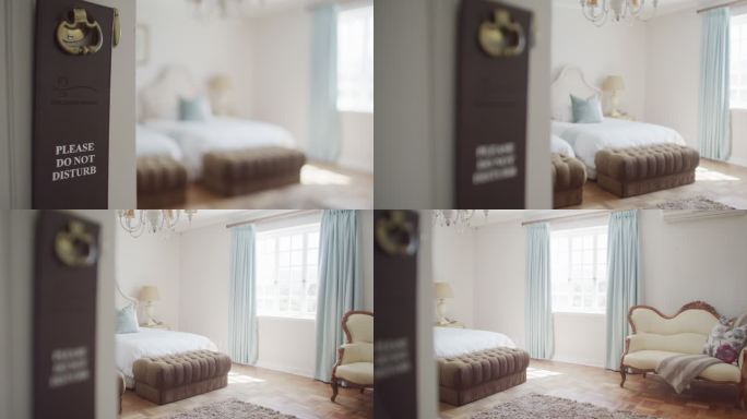 4k视频拍摄了一间空无一人的酒店房间，门上有禁止打扰的标志