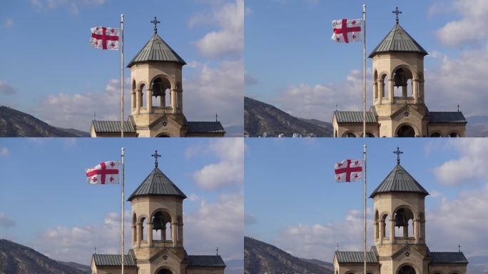 格鲁吉亚国家第比利斯萨米巴大教堂圣三一大教堂飘扬的格鲁吉亚国旗