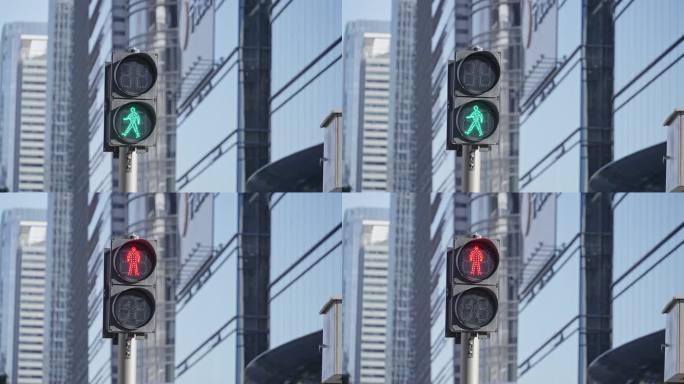 4K正版-商务中心交通信号灯-绿灯转红灯