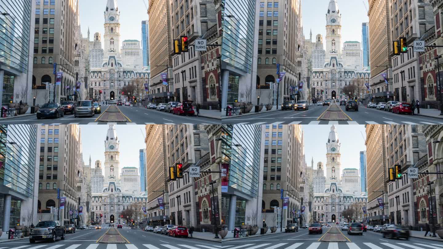 美国宾夕法尼亚州费城具有里程碑意义的历史性市政厅和汽车交通的4K延时
