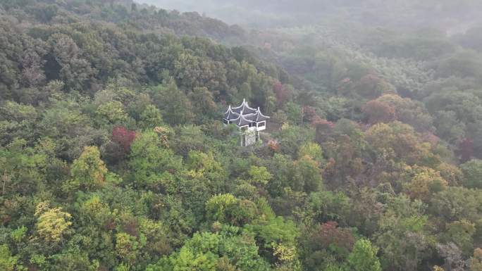 航拍襄阳鹿门山国家森林公园秋天自然风光