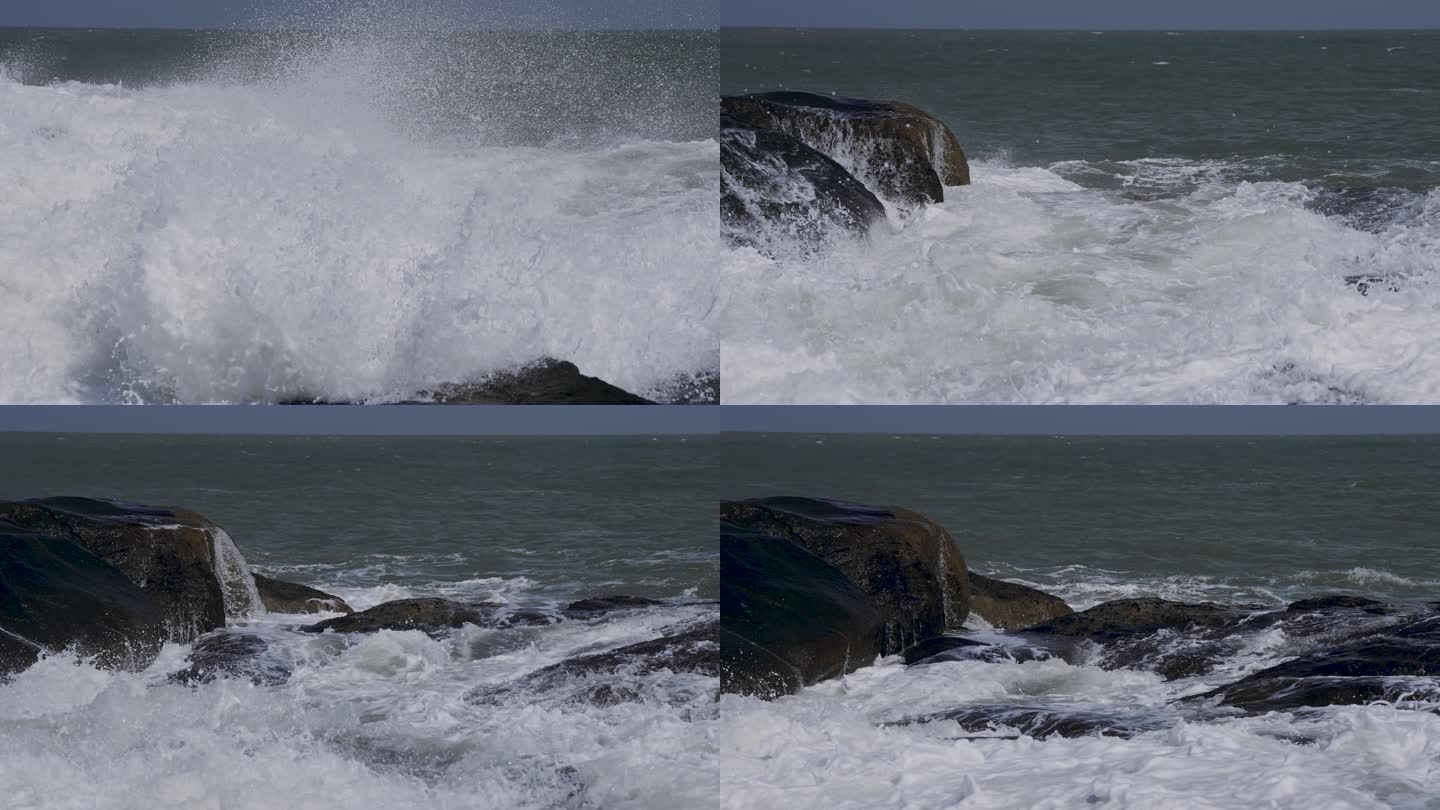 海浪拍打礁石慢镜头