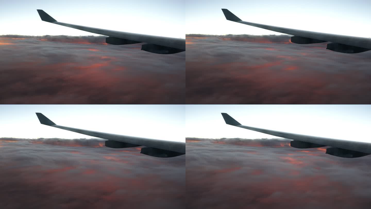 飞机机翼舷窗云层高空云海夕阳飞行