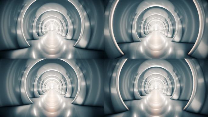 飞越未来感的白色隧道（可循环）抽象3D动画。照明走廊、室内设计、宇宙飞船、科学、实验室、技术、科学、