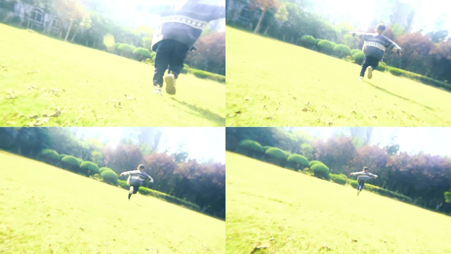 小朋友草坪上奔跑，跑向未来，升格拍摄跑步