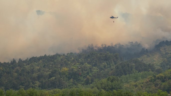 森林火灾直升机救火洒水森林大火熄灭